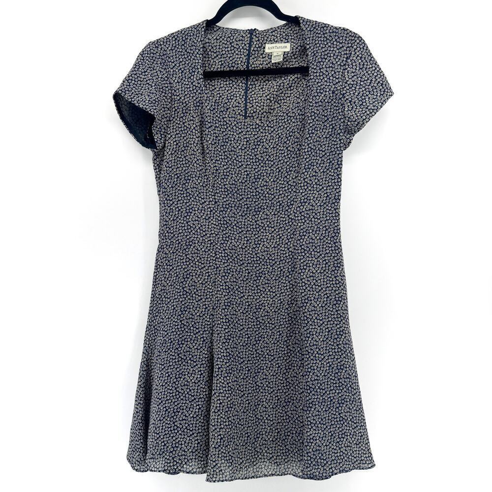 VTG 90s Ann Taylor Ditsy Floral Mini Sundress Size 6 Daisy Navy Cap Sleeve - Picture 2 of 7